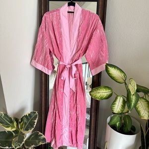UO Pink Ribbed Velvet Angel Sleeve Robe